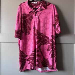 PULELEHUA Polo Shirt Men 2XL Pink Short Sleeve Button Hawaiian Aloha Tropical